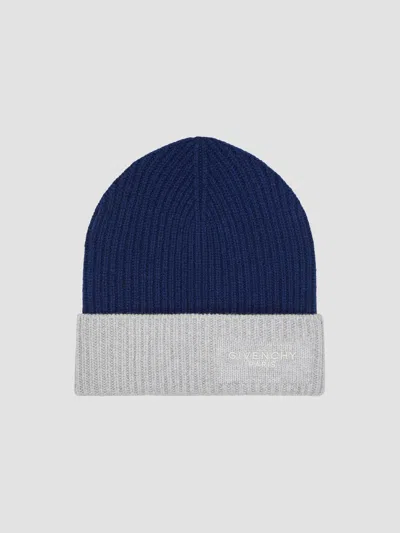 Givenchy Men's Bicolor Beanie In Wool And Cashmere In Midnight Blue Grey