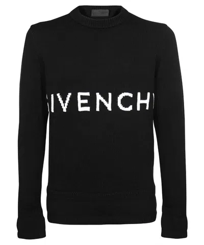 GIVENCHY MEN'S BLACK COTTON CREW-NECK SWEATER WITH CONTRASTING LOGO INTARSIA