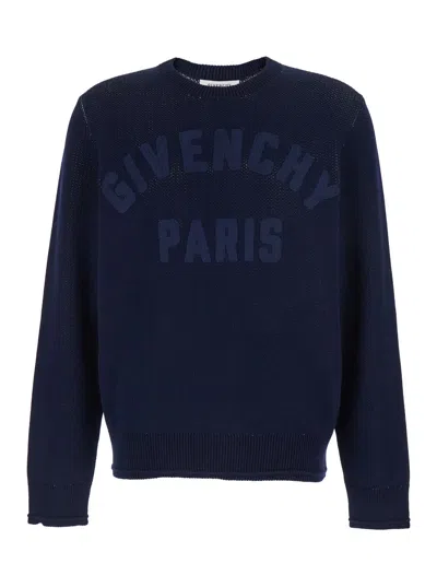 Givenchy Men Blue Crew Neck Sweater With Logo Lettering On The Front In Blue Cotton Knit Man In Multi