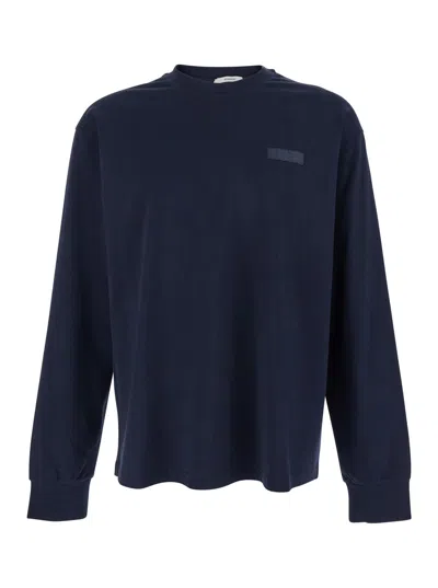 Givenchy Men Blue Long-sleeved T-shirt With Chest Logo Patch In Cotton Man