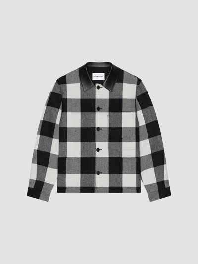 Givenchy Men's Checked Overshirt In Wool With Leather Collar In Cream Black