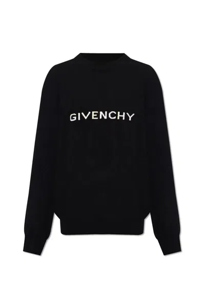 Givenchy Men's Contrasting Color Logo Wool Crew-neck Sweater In Black