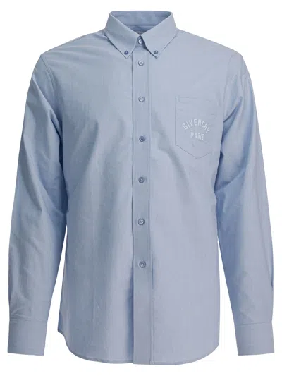 Givenchy Button-down Shirt With Pointed Collar And Embroidered Detail In Blue