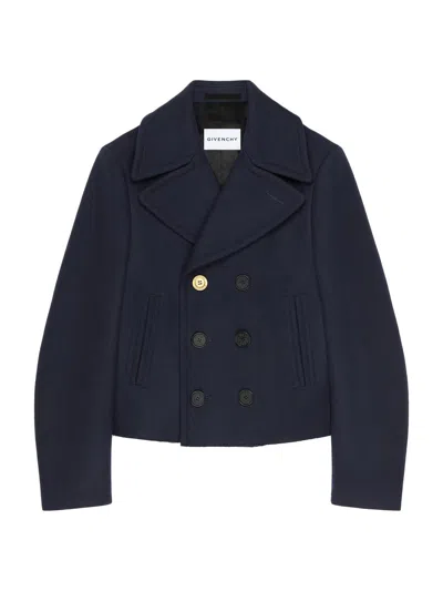Givenchy Blue Coat With Wide Lapels And Logoed Buttons In Wool Man