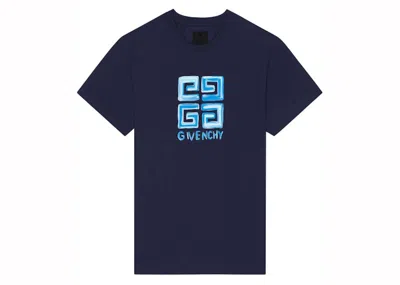 Pre-owned Givenchy Men's  4g Logo Sketch T-shirt In Navy Blue