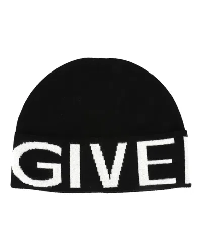 Pre-owned Givenchy Men's  Jacquard Logo Beanie In Black/white