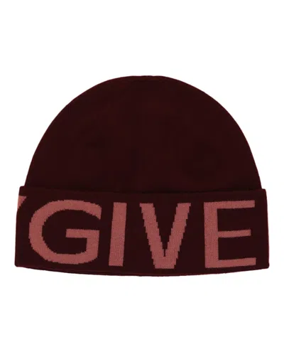Pre-owned Givenchy Men's  Jacquard Logo Beanie In Burgundy