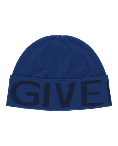 Pre-owned Givenchy Men's  Jacquard Logo Beanie In Ocean Blue