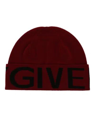 Pre-owned Givenchy Men's  Jacquard Logo Beanie In Red Black In Multi