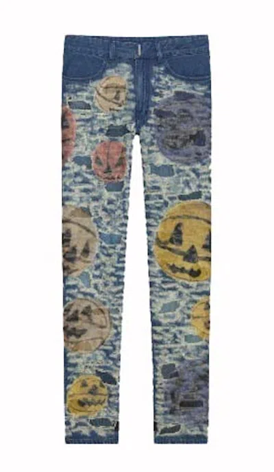 Pre-owned Givenchy Men's  X Josh Smith Destroyed Pumpkin Slim Fit Jeans In Blue