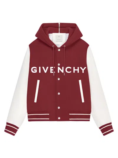 Givenchy Men's Hooded Varsity Jacket In Wool And Leather In Burgundy White