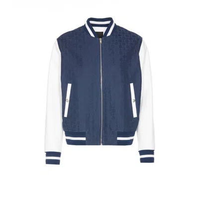 Givenchy Men Leather And Monogram 72 Denim Varsity Jacket In Blue