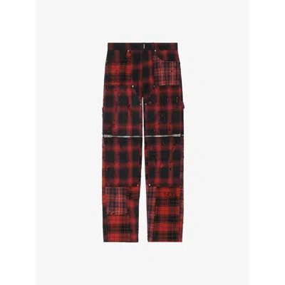 Givenchy Men's Red Black Plaid Zip-off Trousers In Multi