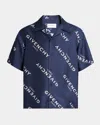 Givenchy Men's Silk All-over Logo Bowling Shirt In Blue