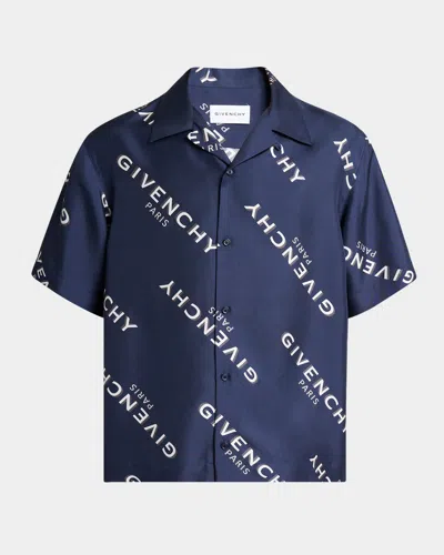 Givenchy Men's Silk All-over Logo Bowling Shirt In Blue