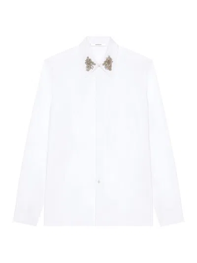 Givenchy Men's Slim Shirt In Poplin With Crystals Embroidered Collar In White