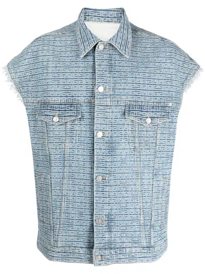 Givenchy Mens 4g-pattern Denim Vest With Monogram Pattern And Frayed Edge In Blue