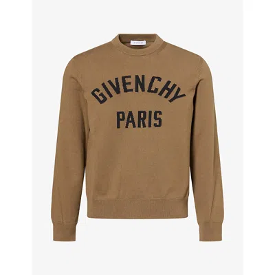 Givenchy Mens Army Beige Logo-print Crew-neck Cotton-knit Jumper In Brown