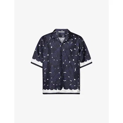 Givenchy Mens Dark Navy Roses Print Silk Bowling Shirt In Blue