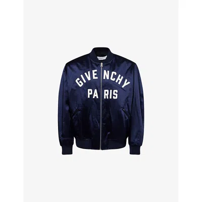 Givenchy Mens Navy Logo-embroidered Satin Bomber Jacket In Blue