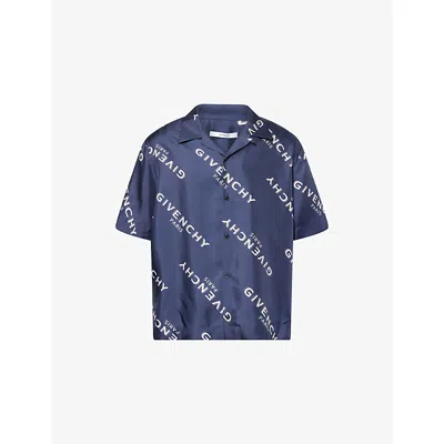 Givenchy Convertible-collar Logo-print Silk-twill Shirt In Blue