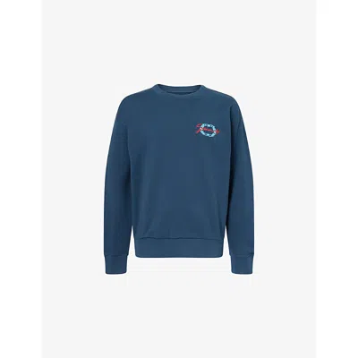 Givenchy Mens  Script-embroidery Boxy-fit Cotton-jersey Sweatshirt In Petrol Blue