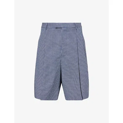 Givenchy Mens White / Blue Gingham-print Pleated Cotton-poplin Shorts