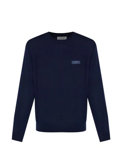 Givenchy Merino Wool Crew-neck Sweater With Ribbed Trims And Logo Patch In Blue