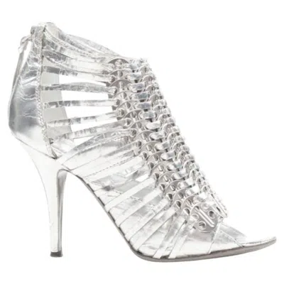 Pre-owned Givenchy Metallic Silver Metal Discs Embellished Strappy Peep Toe Bootie Eu36.5