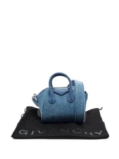 Pre-owned Givenchy Mini Antigona Leather-trim Tote Bag In Blue