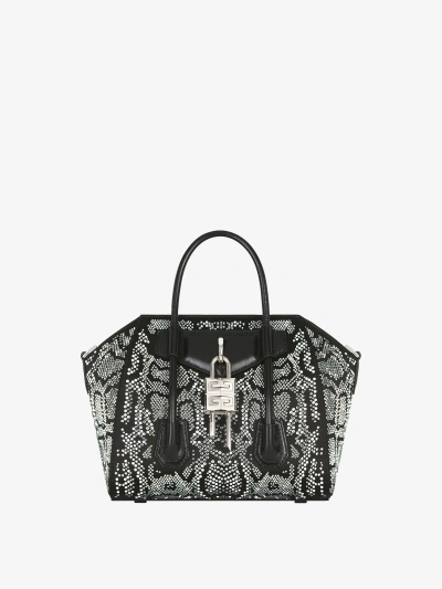 Givenchy Mini Antigona Lock Bag In Satin With Python Effect Strass In Black