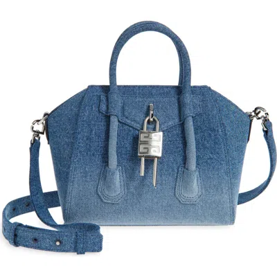 Givenchy Mini Antigona Lock Denim Satchel In 420-medium Blue