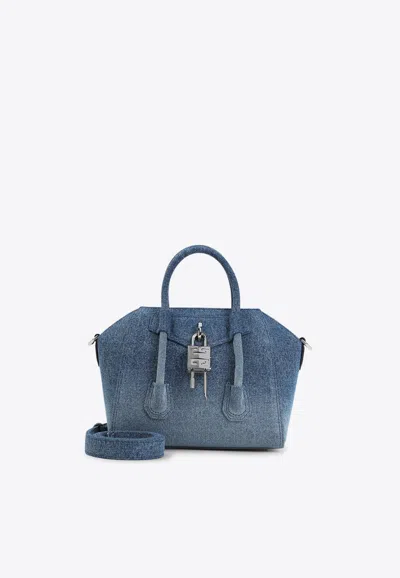 Givenchy Mini Antigona Lock Denim Top Handle Bag In Blue