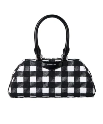 Givenchy Mini Embroidered Antigona East-west Bag With Checks In Black/white