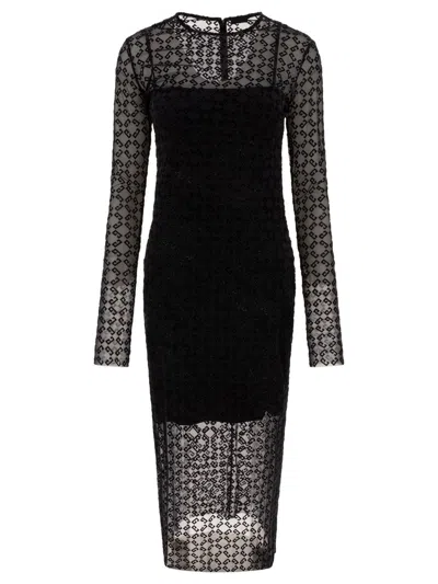 Givenchy Monogram 72 Glitter Flocked Long Sleeve Mesh Dress In Black