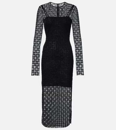 Givenchy Monogram 72 Glitter Flocked Long Sleeve Mesh Dress In Black