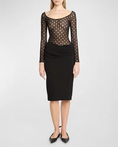 Givenchy Monogram Mesh Long-sleeve Draped Midi Dress In Black