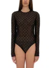Givenchy Flocked Velvet Monogram Bodysuit In Sheer Tulle In Black