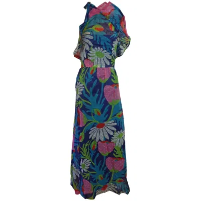 Pre-owned Givenchy Multi Color Silk Organza Floral Halter Dress With Ruffle, Circa 1970s In Black