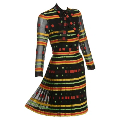 Pre-owned Givenchy Multicolored Striped Pleated Silk Bow Belted Dress, 1970s In Black