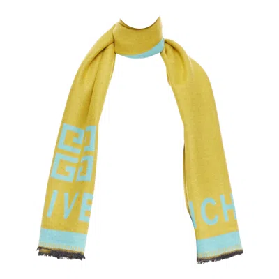 Pre-owned Givenchy Mustard Mint Green Wooly Black Fringe Big Logo Long Scarf In Yellow