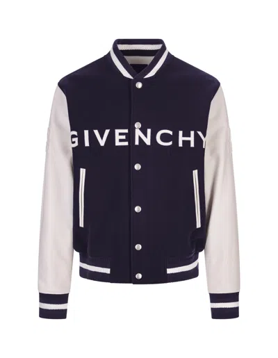 GIVENCHY NAVY BLUE AND WHITE BOMBER JACKET IN WOOL AND LEATHER