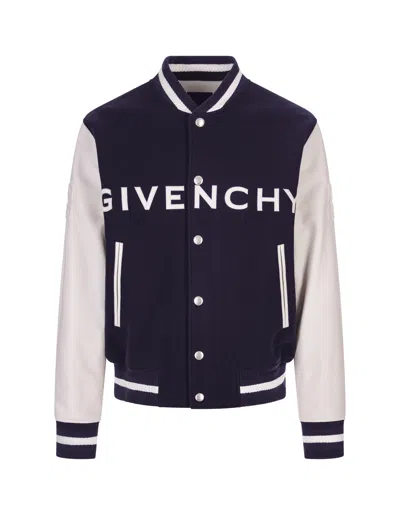 Givenchy Navy Blue And White Bomber Jacket In Wool And Leather