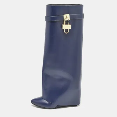 Pre-owned Givenchy Navy Blue Leather Shark Lock Knee Length Boots Size 39