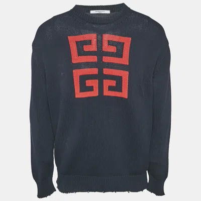 Pre-owned Givenchy Navy Blue Logo Intarsia Rib Knit Crew Neck Sweatshirt M