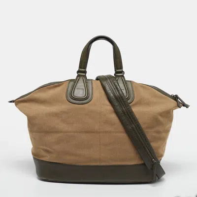 Pre-owned Givenchy Nightingale Large Olive Green/beige Canvas And Leather Satchel