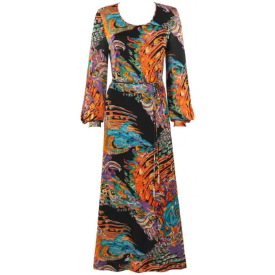 Pre-owned Givenchy Nouvelle Boutique C.1970's Multicolor Painterly Print Maxi Dress + Belt In Black