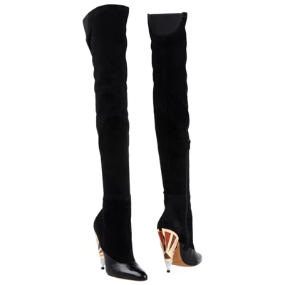 Pre-owned Givenchy Nwt  Black Suede Enameled Gold Metal Cone Heels Over The Knee Boots 40