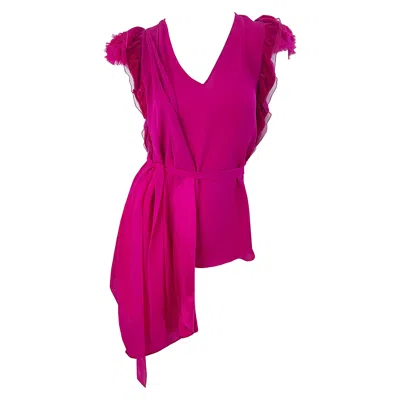 Pre-owned Givenchy Nwt  Spring 2020 Size 34 / 2 - 4 Hot Pink Fuchsia Silk Belted Blouse Top