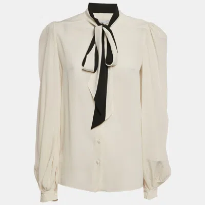 Pre-owned Givenchy Off- White Silk Chiffon Contrast Neck Tie Detail Shirt M
